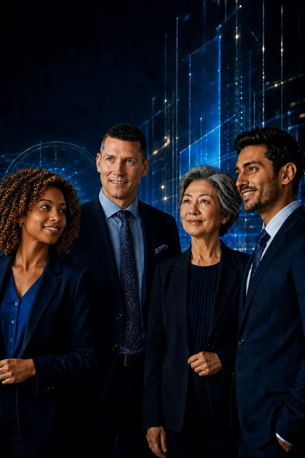 A diverse leadership team looking ahead with confidence